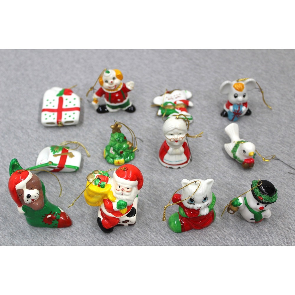 Vintage Christmas Ornaments Set 12pc Multi Ceramic Santa Snowman Animal Taiwan